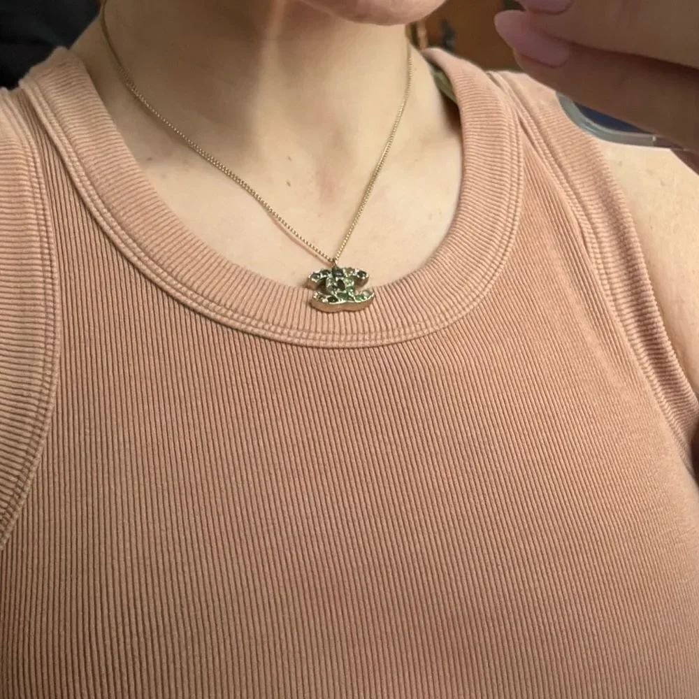 Chanel Necklace, Emerald crystal stones, CC, Gold Necklace, Coco Marked